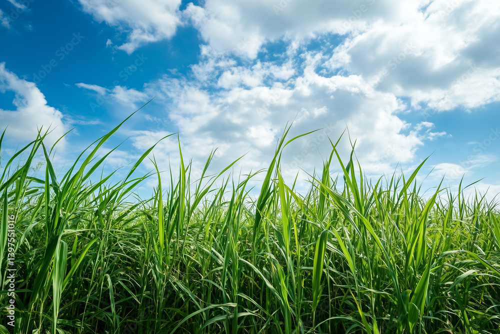 Beautifully grown lush green grass close up detail under blue cloudy sky. Spring holiday concept background. Beautifully grown lush green grass close up detail under blue cloudy sky. Spring holiday concept background.