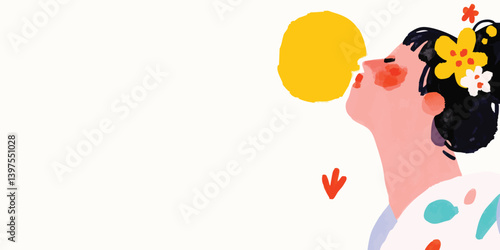 A vibrant illustration showcases a woman's moment of joy. The image captures the essence of carefree moments and vibrant colors, perfect for evoking feelings of joy and happiness.