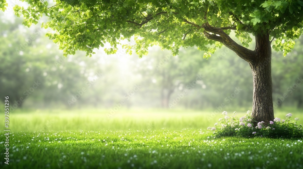 Fototapeta premium Lush green tree with sunlight and flowers, serene meadow