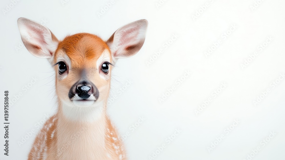 Fototapeta premium A curious young fawn looking directly at the camera with big brown eyes, standing against a plain white background, and minimalistic and serene composition.