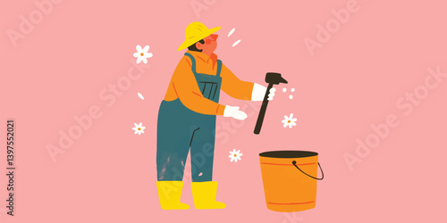 A cheerful farmer with a wide smile and a straw hat, wearing blue overalls, is busy watering plants with a watering can.