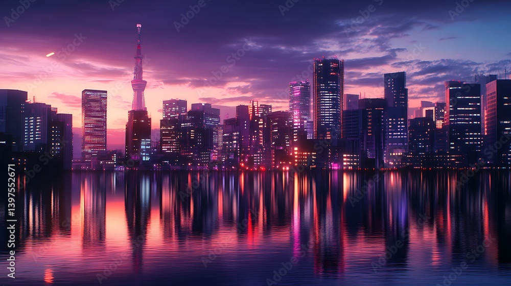 Fototapeta premium City skyline glowing at sunset reflected on calm water high resolution picture