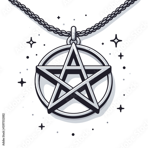 Silver pentagram pendant on chain in mystical style. Ideal for occult symbolism, witchcraft accessories and spiritual belief illustrations.