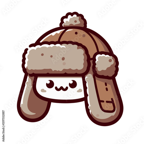 Cute winter hat with earflaps in brown colors with kawaii face. Perfect for cold weather accessories, winter fashion and children's clothing illustrations.
