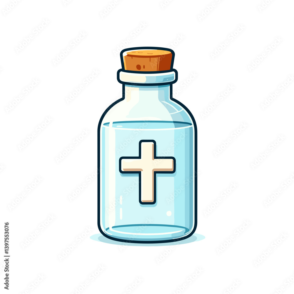 Glass bottle with holy water and cross symbol in religious style. Ideal for spiritual rituals, faith symbols and religious ceremony illustrations. Glass bottle with holy water and cross symbol in religious style. Ideal for spiritual rituals, faith symbols and religious ceremony illustrations.