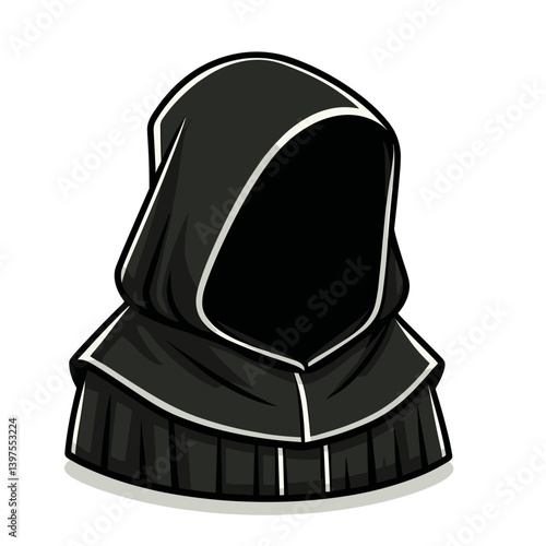 Black hooded figure silhouette with mysterious appearance. Ideal for fantasy role-playing games, mystery novel covers, anonymous character concepts, or dark themed illustrations.