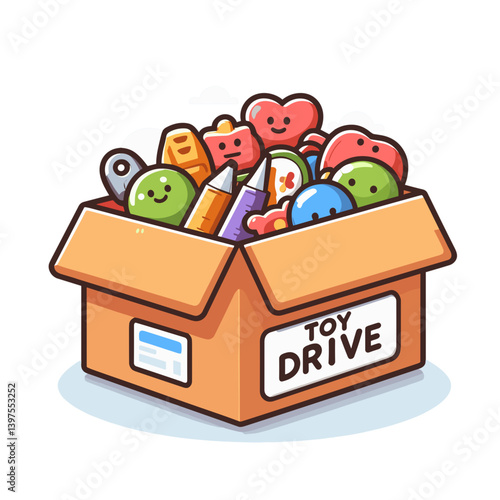 Toy donation box with cute plush characters inside. Perfect for charity events, community drive promotions, holiday giving campaigns, or children's welfare organization materials.