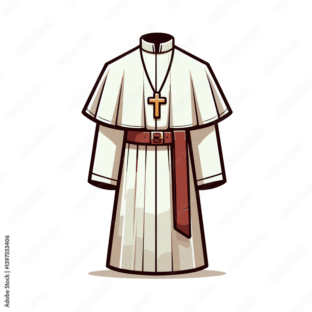 Catholic priest robe with red sash and cross pendant. Ideal for religious ceremony illustrations, clerical vestment guides, church personnel visuals, or spiritual leader representations. Catholic priest robe with red sash and cross pendant. Ideal for religious ceremony illustrations, clerical vestment guides, church personnel visuals, or spiritual leader representations.