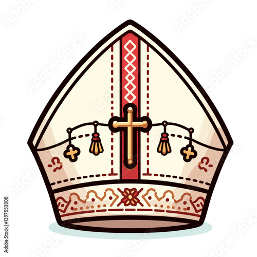 Bishop's mitre hat with cross and ornamental details in cream and red. Perfect for religious leader illustrations, Catholic Church ceremonies, and clerical attire displays.