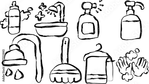 Collection of hygiene icons in doodle style. hand drawn icons of clean sink, disinfection, shower, soap, towel, washing hands.