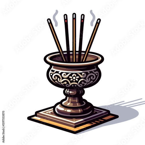Incense burner with decorative stand, ceremonial object. Perfect for spiritual practices, meditation centers, religious ceremonies, and cultural tradition illustrations.