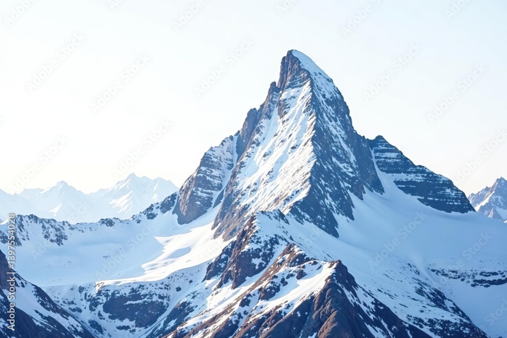 Obraz premium Snow-covered mountain peak against bright white sky, winter, peak