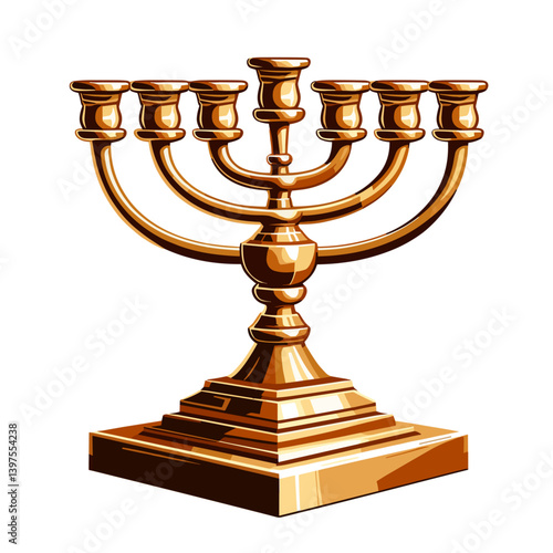 Golden menorah candelabrum in traditional Jewish style. Ideal for Hanukkah celebrations, religious symbols and Jewish heritage illustrations.