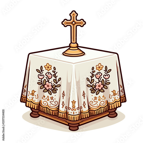 Elegant altar table with cross and embroidered cloth in church style. Perfect for religious ceremonies, Christian worship and sacred space illustrations.
