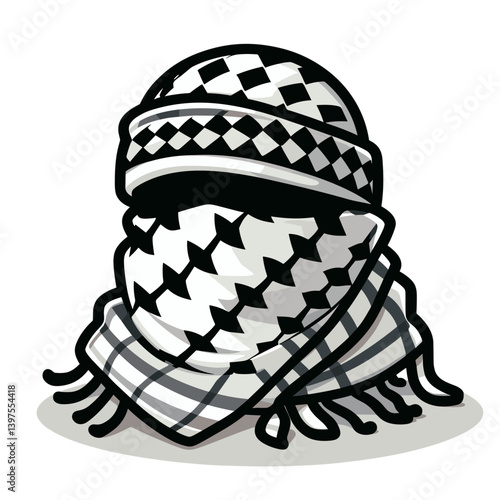 Traditional Palestinian keffiyeh scarf with checkered pattern. Perfect for cultural clothing illustrations, Middle Eastern apparel items, traditional headwear catalogs, or ethnic fashion elements.