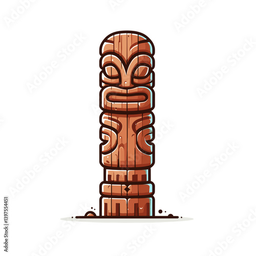 Wooden tiki totem with carved face in Polynesian style. Ideal for tropical decor themes, Hawaiian cultural elements, island souvenir designs, or exotic ritual object illustrations.