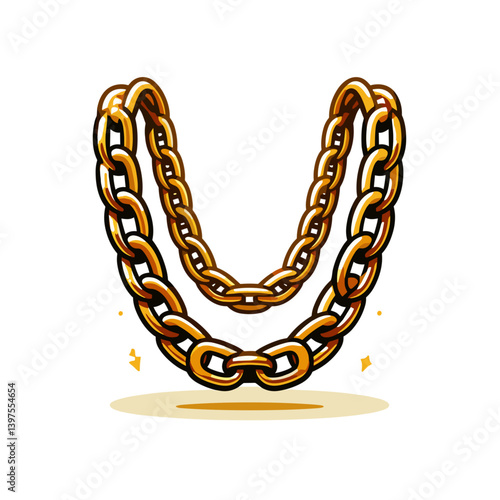 Gold chain necklace in U-shape with links. Ideal for luxury jewelry marketing, hip-hop fashion accessories, premium metal collections, or urban style illustrations.