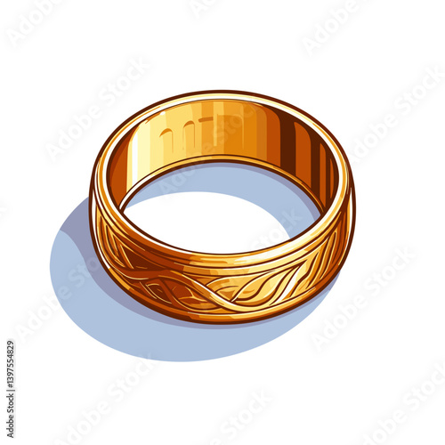 Gold wedding band with engraved pattern in realistic style. Perfect for marriage ceremonies, jewelry stores, and relationship commitment themes.