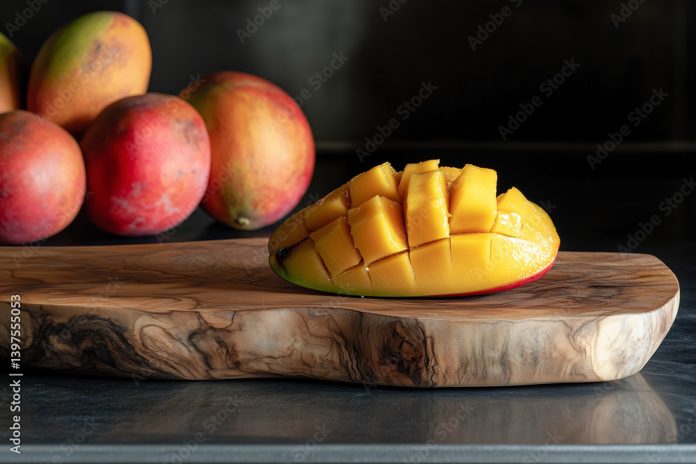 Fresh sliced healthy mango close up detail with mangos around on wooden cutting board against kitchen background.