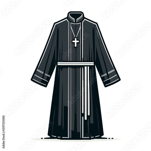 Priest cassock with white collar and cross in formal black. Ideal for religious profession illustrations, clergy attire guides, and Catholic Church role representations.