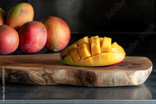 Obraz na płótnie Fresh sliced healthy mango close up detail with mangos around on wooden cutting board against kitchen background. w salonie