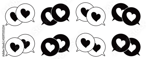 シンプルな重なる吹き出し セット 伝え合うハートマーク 白黒