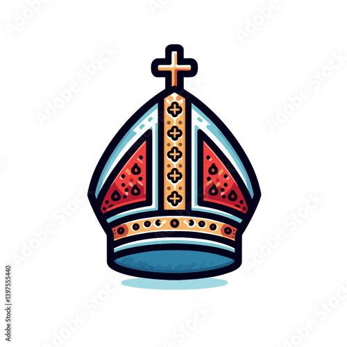 Bishop's mitre hat with cross and ornate details, religious headwear. Perfect for ecclesiastical ceremonies, catholic traditions, religious leadership, and historical church references.