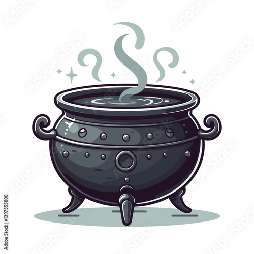 Black cast iron cauldron with steam in mystical witchcraft style. Perfect for magical brewing, Halloween themes and fantasy potion illustrations.