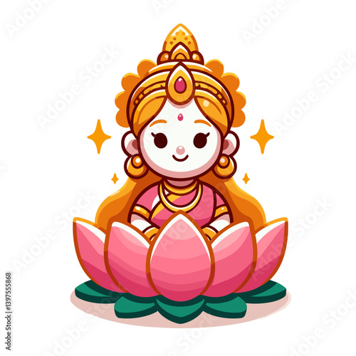 Hindu goddess Lakshmi sitting on lotus flower. Ideal for Diwali celebrations, Indian religious art, prosperity symbolism, or spiritual faith illustrations.