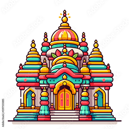 Hindu temple with colorful tiered towers and ornate details. Perfect for Indian cultural heritage, religious landmark illustrations, spiritual tourism destinations, or architectural marvels.