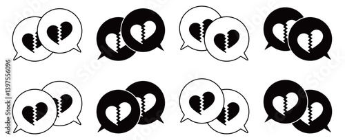 シンプルな重なる吹き出し セット 割れたハートマーク 白黒