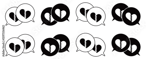 シンプルな重なる吹き出し セット 割れたハートマーク 白黒