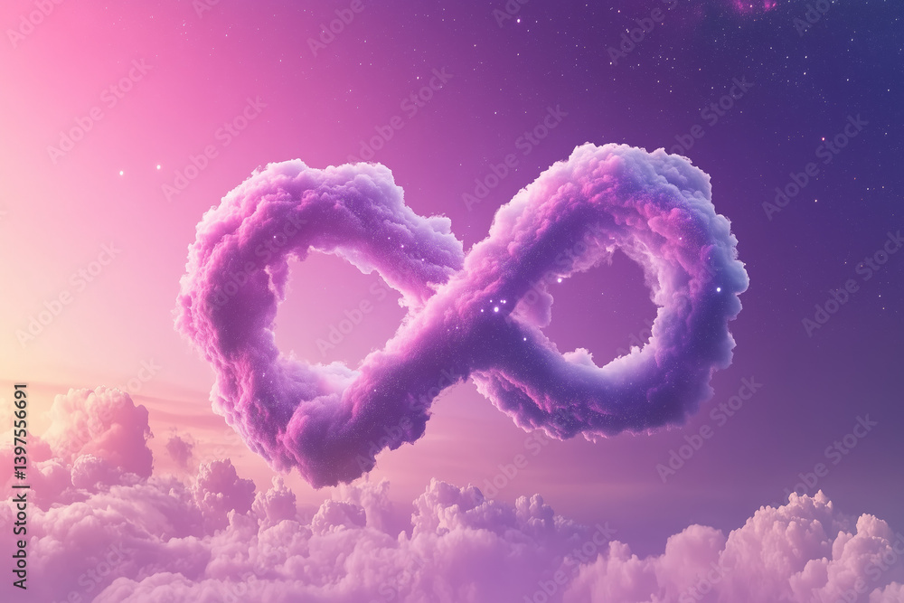 Colorful purple and blue cloud in shape of infinity against galaxy space universe background. Karma and spirituality concept.