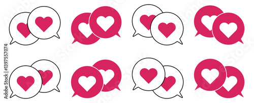 シンプルな重なる吹き出し セット 伝え合うハートマーク 赤色