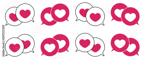シンプルな重なる吹き出し セット 伝え合うハートマーク 赤色