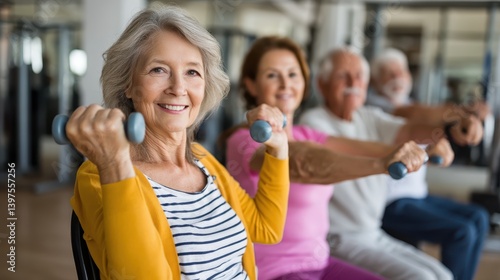 Senior woman inspires with chair exercises and vibrant smile in fitness class