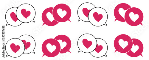 シンプルな重なる吹き出し セット 伝え合うハートマーク 赤色