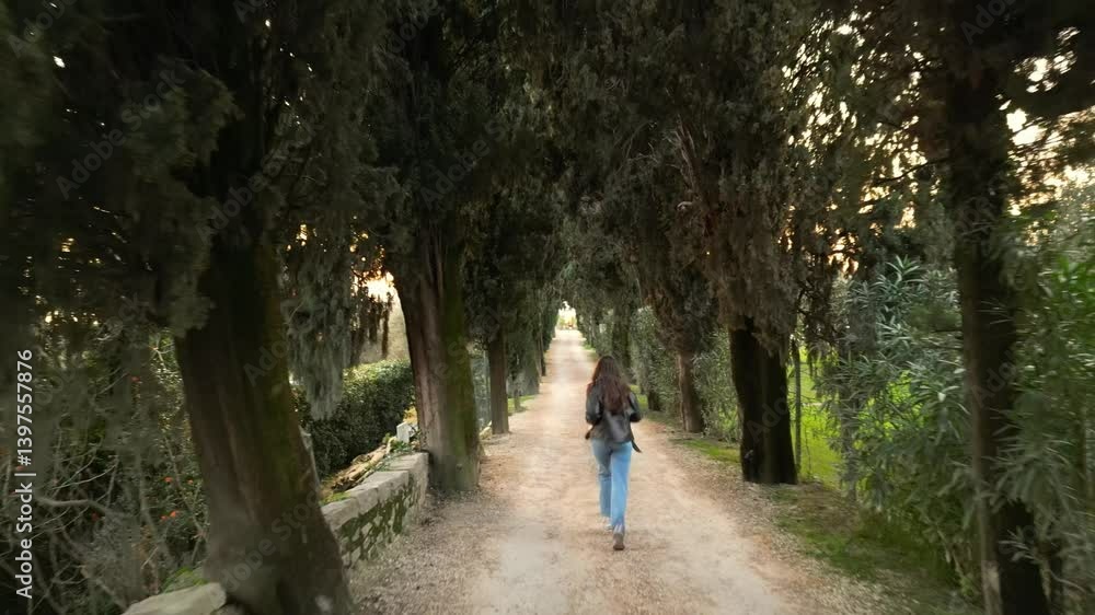caucasian brunette young woman in leather jacket sunglasses blue jeans enjoying walking, running at the Italian cypress tree alley in Tuscany in sunny day caucasian brunette young woman in leather jacket sunglasses blue jeans enjoying walking, running at the Italian cypress tree alley in Tuscany in sunny day