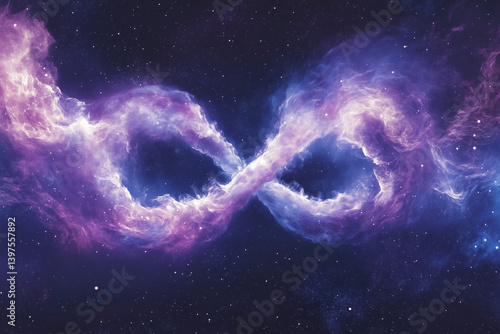 Colorful purple and blue cloud in shape of infinity against galaxy space universe background. Karma and spirituality concept.