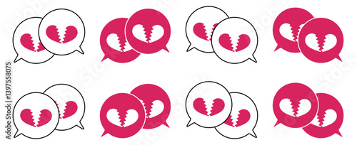 シンプルな重なる吹き出し セット 割れたハートマーク 赤色