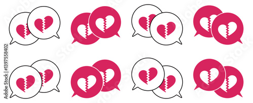 シンプルな重なる吹き出し セット 割れたハートマーク 赤色