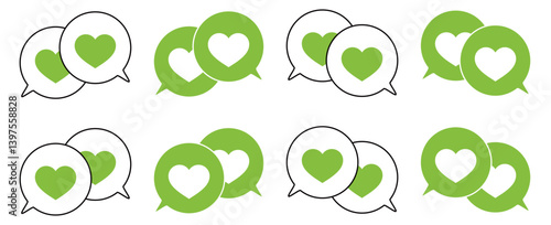シンプルな重なる吹き出し セット 伝え合うハートマーク 黄緑色