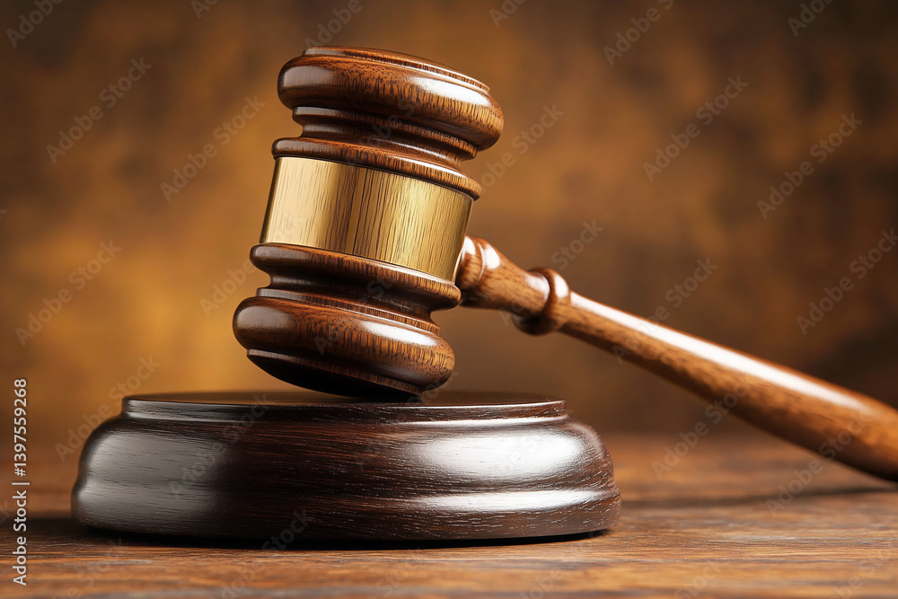 Wooden shiny judge gavel on table in courtroom. Law and justice concept background. Decision of fate.