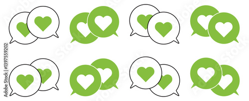 シンプルな重なる吹き出し セット 伝え合うハートマーク 黄緑色