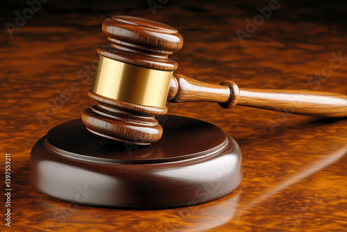Obraz na płótnie Wooden shiny judge gavel on table in courtroom. Law and justice concept background. Decision of fate. w salonie