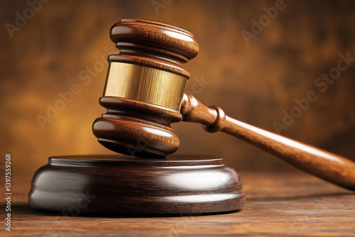 Obraz na płótnie Wooden shiny judge gavel on table in courtroom. Law and justice concept background. Decision of fate. w salonie