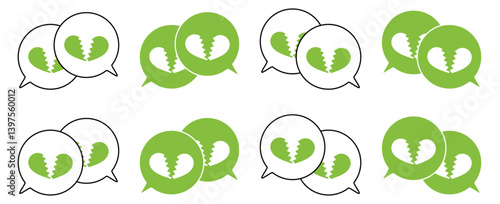 シンプルな重なる吹き出し セット 割れたハートマーク 黄緑色