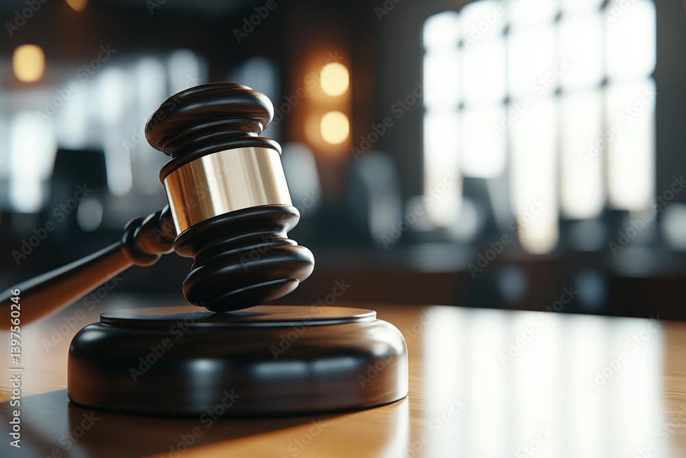 Wooden shiny judge gavel on table in courtroom. Law and justice concept background. Decision of fate.
