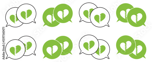 シンプルな重なる吹き出し セット 割れたハートマーク 黄緑色