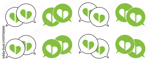 シンプルな重なる吹き出し セット 割れたハートマーク 黄緑色